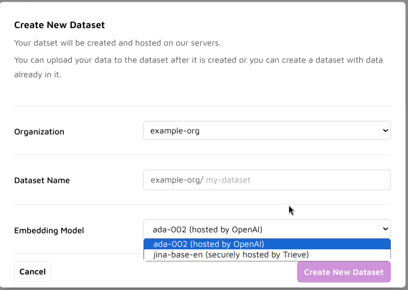 Create Dataset menu